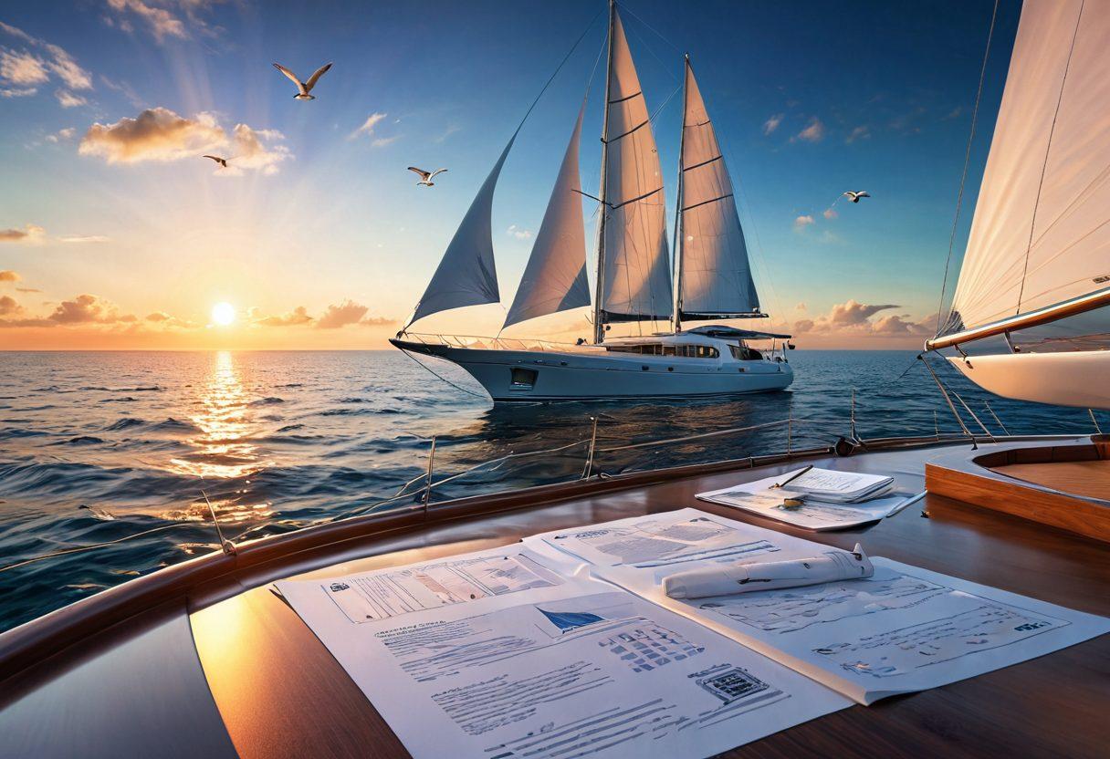 A luxurious yacht sailing on calm blue waters, surrounded by various maritime resources like insurance documents and navigational charts floating in the air. The background features a vibrant sunset illuminating the horizon, with seagulls flying above. Emphasize a sense of adventure and professionalism in maritime management. super-realistic. vibrant colors. 3D.
