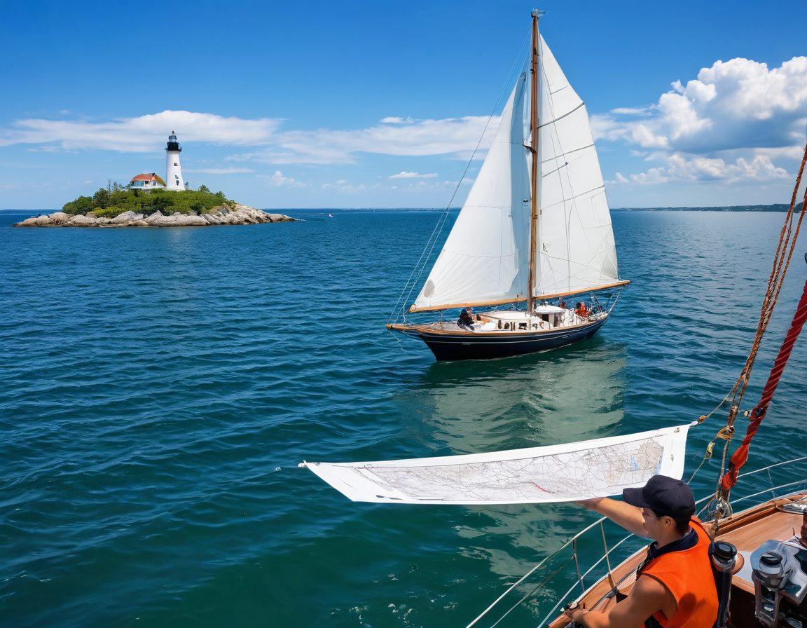 A serene maritime scene featuring a sailboat gliding through calm waters under a bright blue sky, with a knowledgeable sailor reviewing insurance documents onboard. Include details like navigational tools, life jackets, and a vibrant lighthouse in the distance, symbolizing guidance and safety. Elements of training such as a compass and a nautical map integrated into the imagery. joyful and informative atmosphere. super-realistic. vibrant colors. 3D.