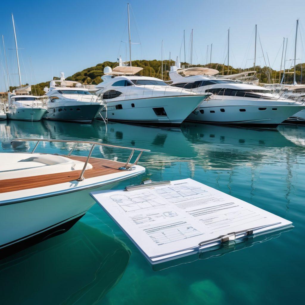 A serene marina scene with luxury yachts gently bobbing in crystal-clear waters under a bright blue sky. Include a knowledgeable instructor pointing at a yacht while a group of attentive learners take notes on a clipboards, highlighting yacht protection strategies. Incorporate subtle elements of marine insurance, like illustrated charts and documents floating nearby, to convey training resources. Illustrate the tranquility and sophistication of yacht ownership. super-realistic. vibrant colors. white background.